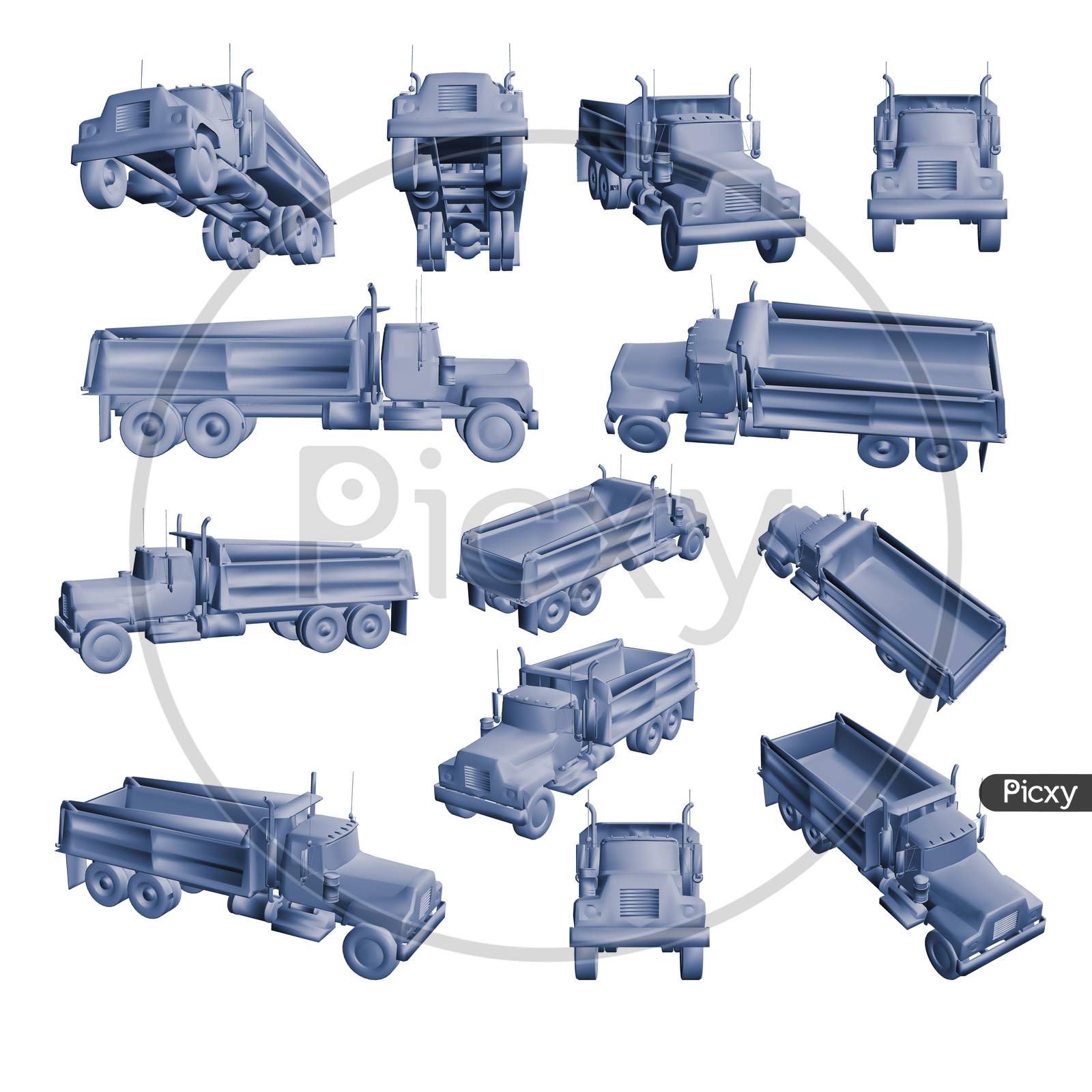 3D Truck Model Set Isolated On A Light Background. 3D Rendering Illustration Truck Set Of Different Views For Vfx And Animation Movie And Video Game Projects.