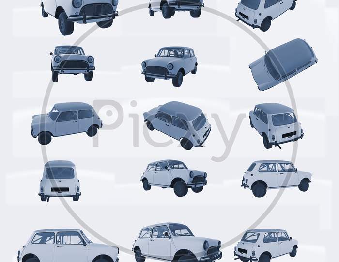 3D Cute Stylized Vintage Car Model Set Isolated On A Light Background. 3D Rendering Illustration Set Of Different Views For Vfx And Animation Movie And Video Game Projects.