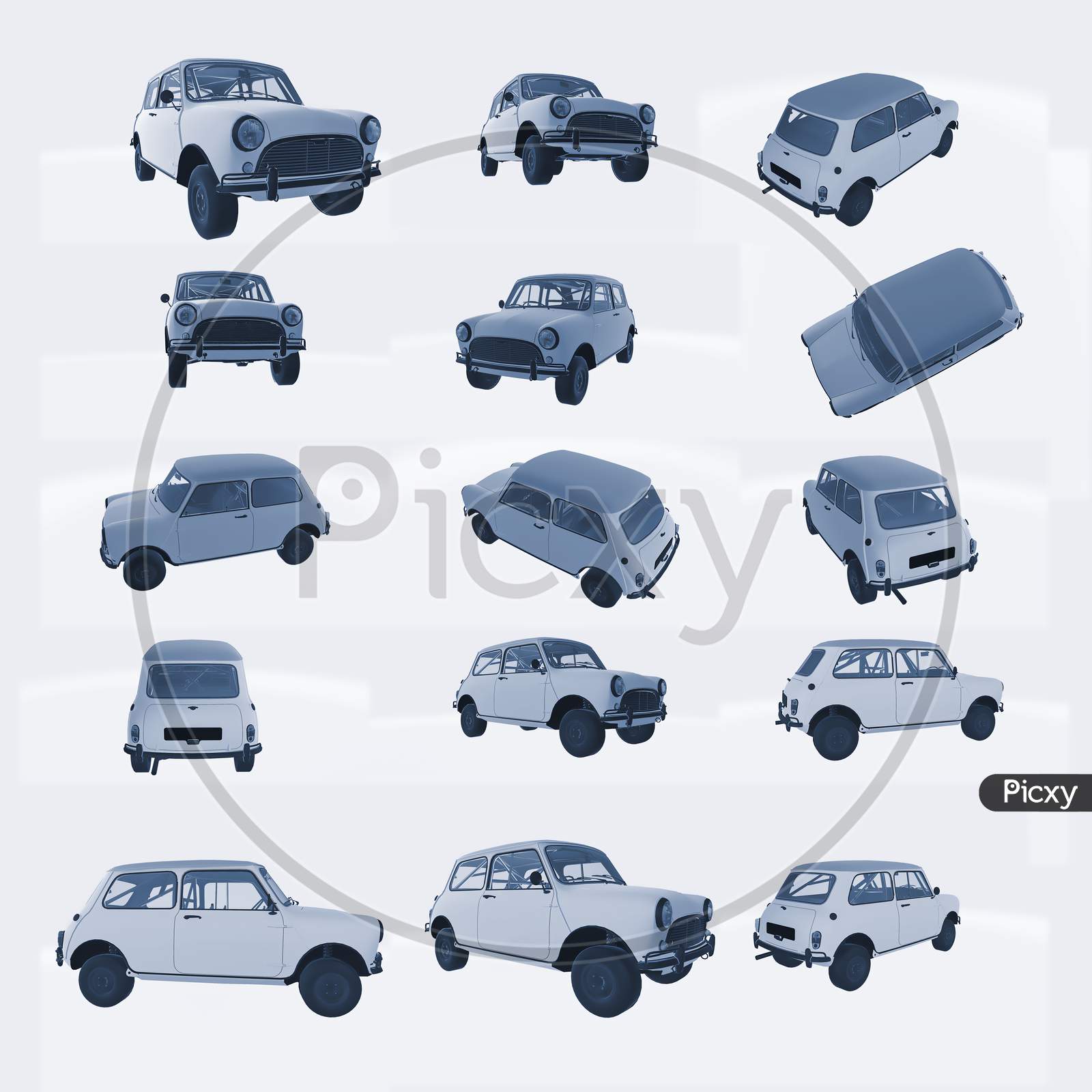 3D Cute Stylized Vintage Car Model Set Isolated On A Light Background. 3D Rendering Illustration Set Of Different Views For Vfx And Animation Movie And Video Game Projects.