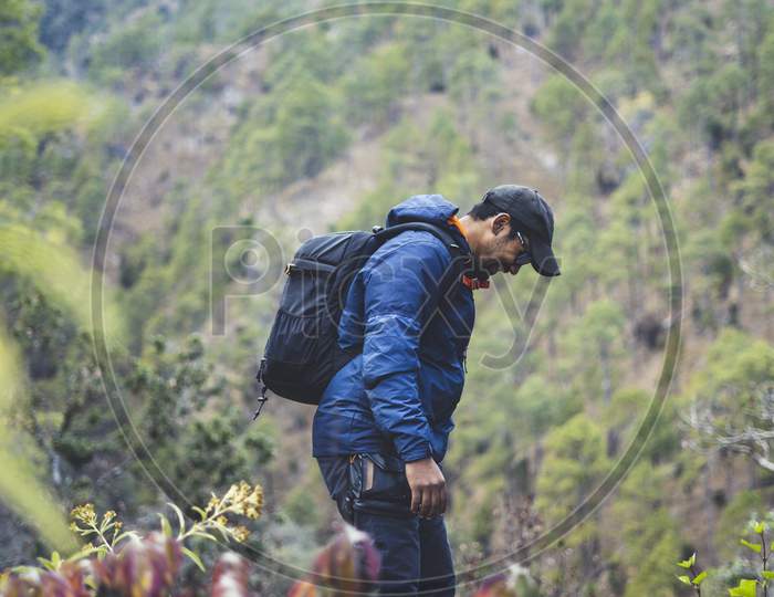 Hipster Young Boy With Backpack Enjoying Trekking Sunset On The Mountains. Tourist Traveler On Background Valley Landscape View Mockup.