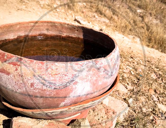 Water In A Clay Pot For Birds To Drink In Summer Weather