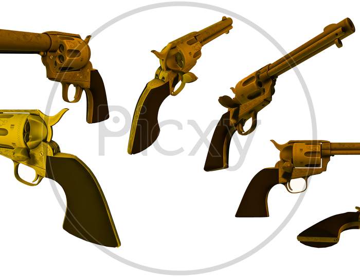 3D Model Set Of Vintage Decorative Pistol From Different Angles Isolated On White Background For Vfx, Animation Movie Projects