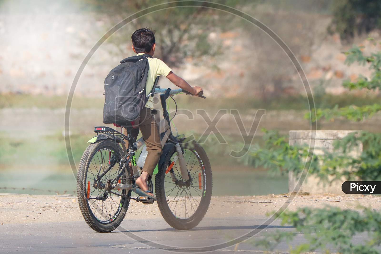 Image of Young Boy Going To School With Bicycle. YH696200 Picxy