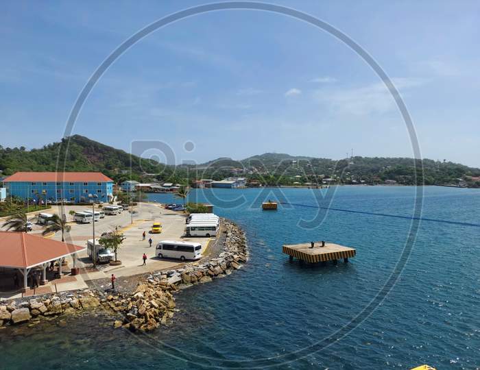 Roatan Honduras Aug 24 2021 View Of Roatan Cruise Terminal Ocean And Mountain