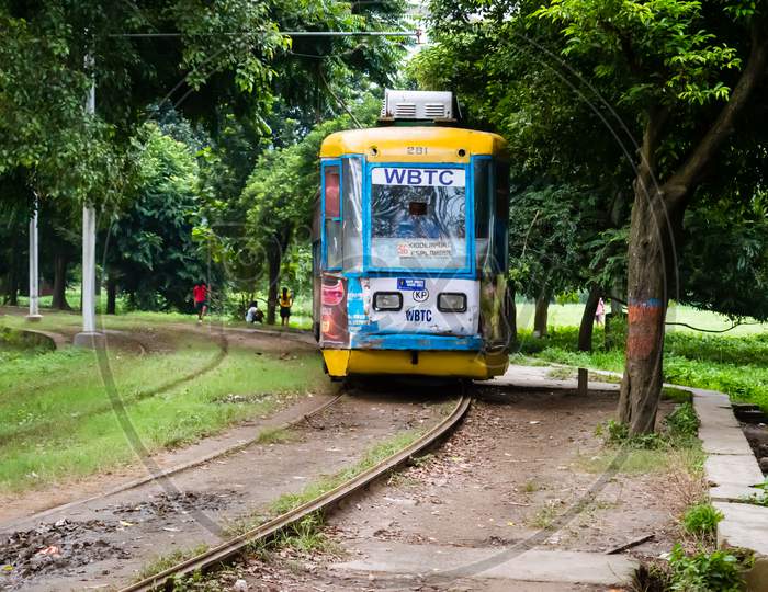 Kolkata, India - 15 January 2019: Historic And Heritage Tram Of Calcutta Running On The Track In "Maidan" Near Park Street Area Near A Tramway Depot At Esplanade, Kolkata On A Sunny Winter Morning.