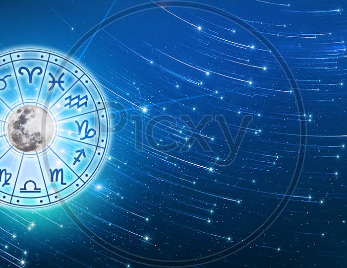 Zodiac Signs Inside Of Horoscope Circle. Astrology In The Sky With Many Stars And Moons  Astrology And Horoscopes Concept
