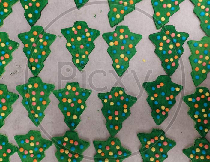 Christmas Tree On A Sable Cookie Arranged In A Tray