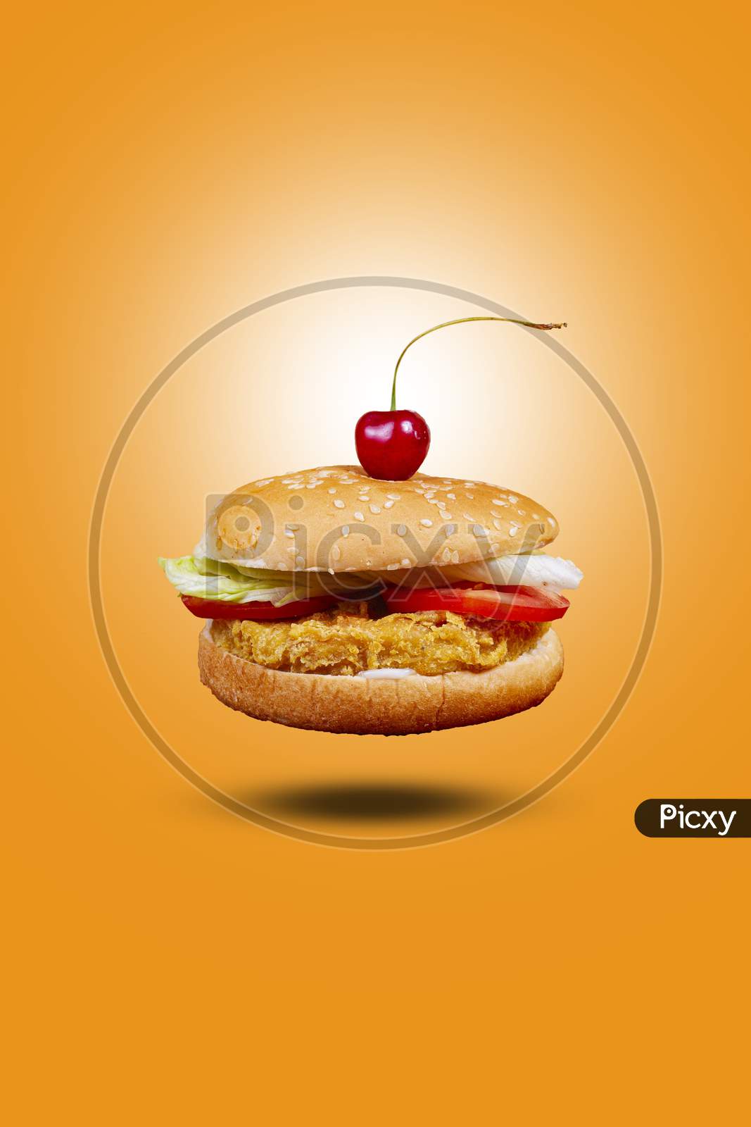 Juicy Chicken Burger Flying , Hamburger Or Cheeseburger With One Chicken Patties. Concept Of American Fast Food. Copy Space