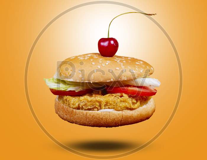 Juicy Chicken Burger Flying , Hamburger Or Cheeseburger With One Chicken Patties. Concept Of American Fast Food. Copy Space
