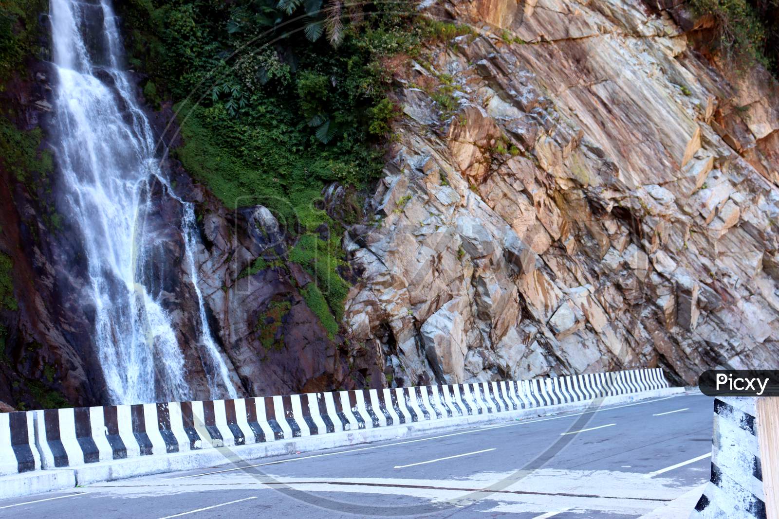 Hilly Road, Beautiful Water Falls Near Road Side,On The Way Of Tawang ,Arunachal Prodesh,India