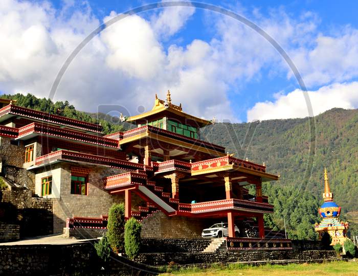 Beautiful Golden Buddha Monastery With Blue Sky At Dirang,Arunachal Prodesh,India Tourist Attraction Of Buddha Architecture,North East India Tourist Places