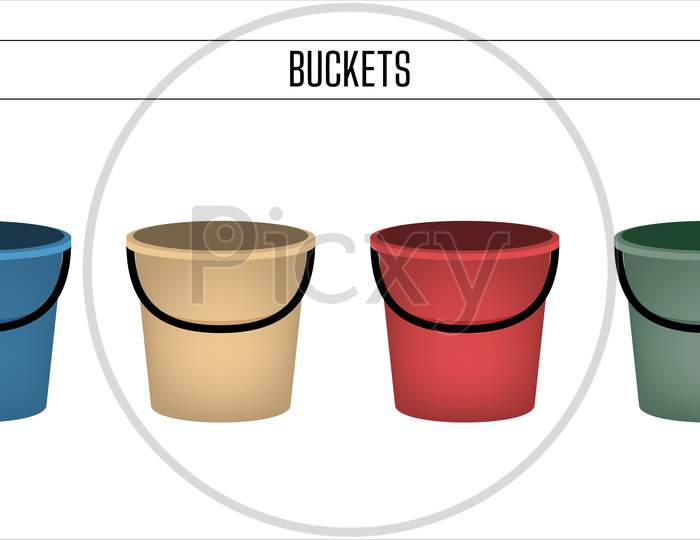 Empty Bucket Object Set Vector Illustration On White Background.