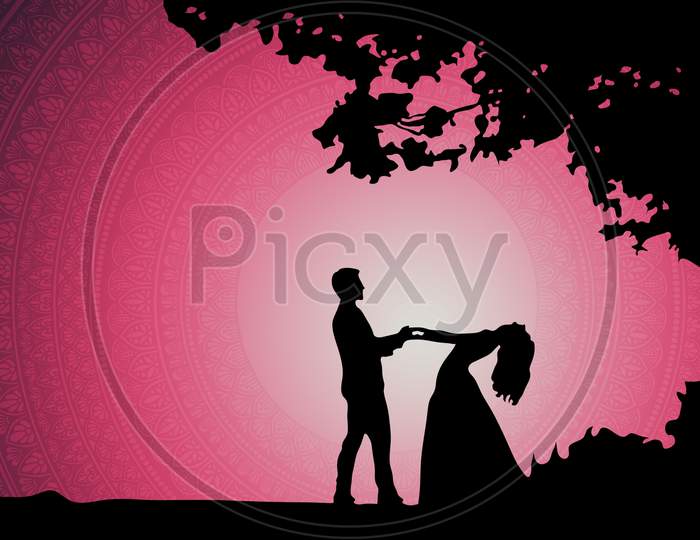 Valentine Day Illustration With Couple Dancing In Silhouette And Mandala In Background