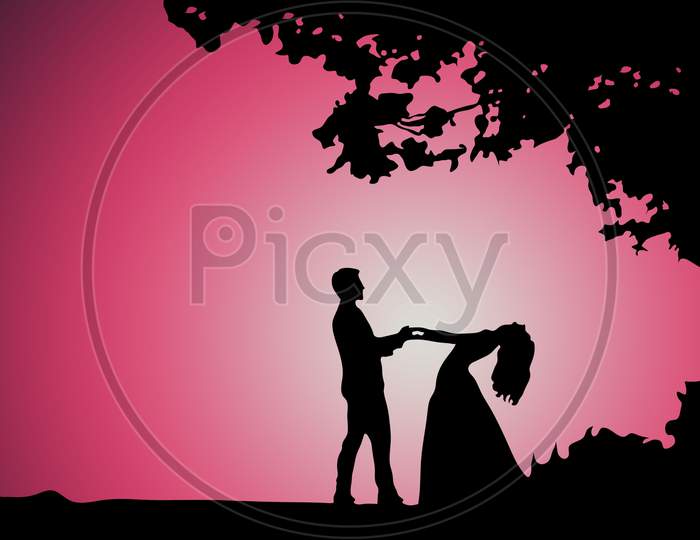 Valentine Day Illustration With Couple Dancing In Silhouette And Gradient Of Moon And Pink Color In Background