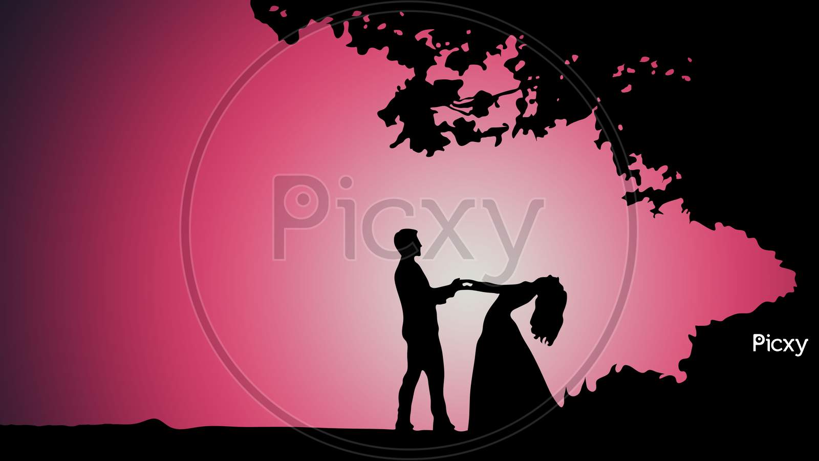 Valentine Day Illustration With Couple Dancing In Silhouette And Gradient Of Moon And Pink Color In Background