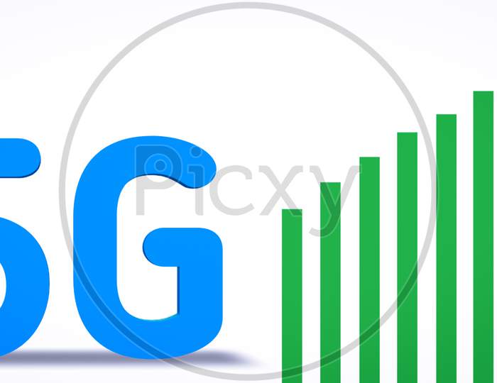 3D Rendering Blue 5G Text With Green Arrow