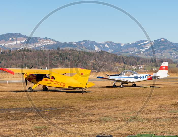 Maule Mx-7-235 And As-202 Bravo Airplanes At The Airfield Wangen-Lachen In Switzerland