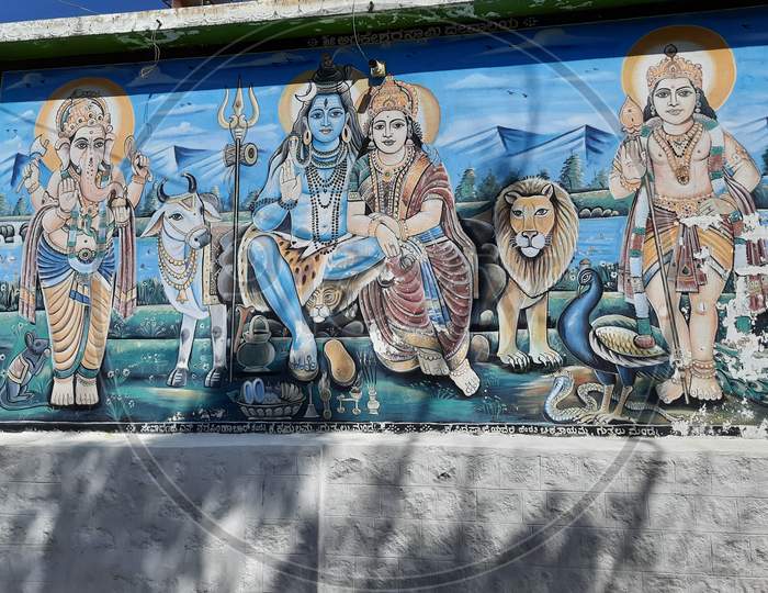 Closeup Of Lord Shiva And His Family Painting Above Wall Of Arkeshwara Temple, Guttalu, India