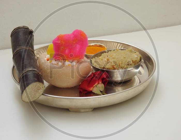 Group Of Pongal Or Makara Sankranti Festival Foods In A Silver Plate Isolated On White Background