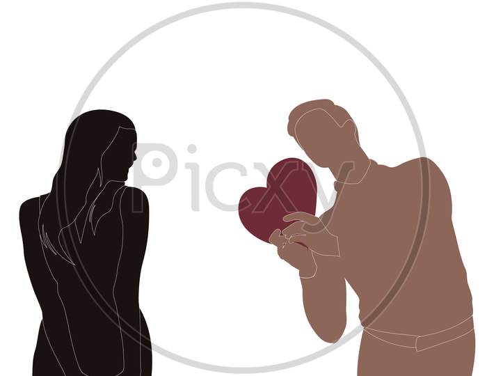 Happy Valentines Day, Young Man Giving Heart Shape To Women Character Silhouette On White Background, Character Illustration For Young Couple Theme Projects Like Wedding And Valentines Day.