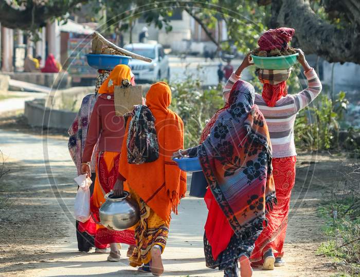 Jaipur, Rajasthan, India- January 25, 2022: Mnrega Womens Going To Home After Work.
