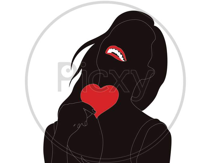 Happy Valentines Day, Young Women Holding Heart Shape In Hand Vector Silhouette On White Background, Character Illustration For Young Couple Theme Projects Like Wedding And Valentines Day.