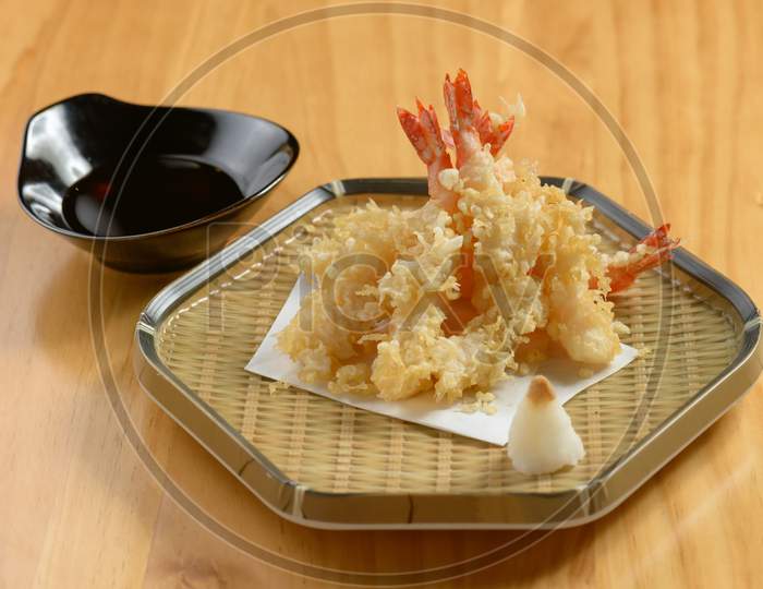 Japanese Food Deep Fried Ebi Tempura Shrimp In A Tray With Chili Sauce On Wooden Background Top View