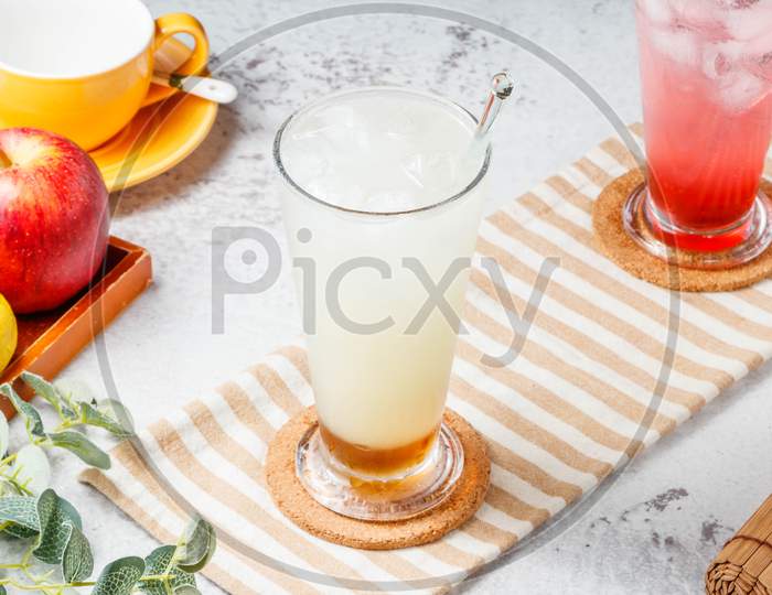 Fresh Iced Apple Happy Pi With Glass Of Fruit Juice Ongrey Background. Healthy Drinks Concept
