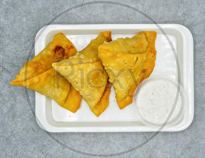 Indian Food Vegetable Samosas With Chutney In White Plate On Grey Background Top View Iftar Food
