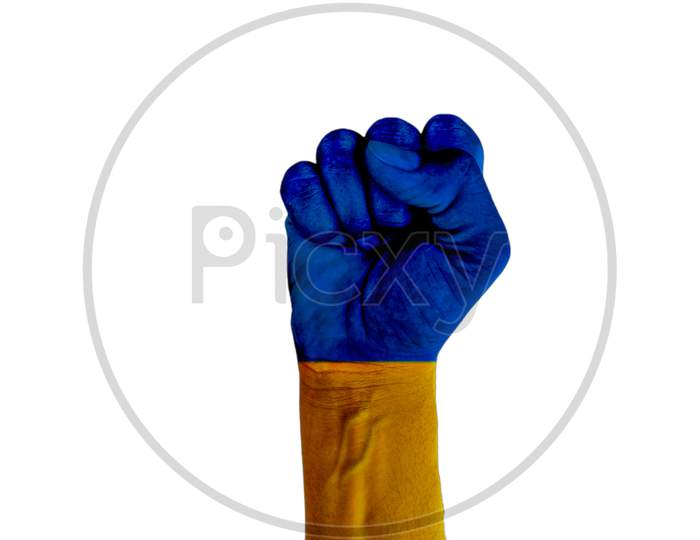A Solidarity With Ukraine Abstract Background With Painted Fist. Patriotic And Togetherness Concept. Standing With Ukraine Backdrop. Pray For Ukraine