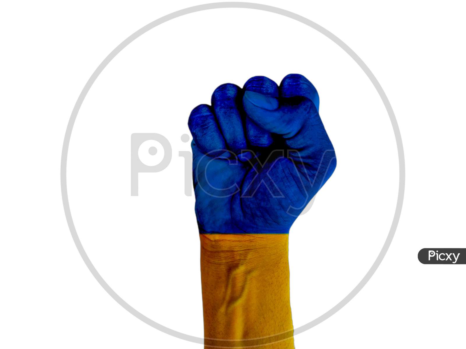 A Solidarity With Ukraine Abstract Background With Painted Fist. Patriotic And Togetherness Concept. Standing With Ukraine Backdrop. Pray For Ukraine