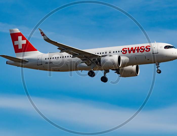 Swiss Airbus A320-271N Jet Arrival In Zurich In Switzerland