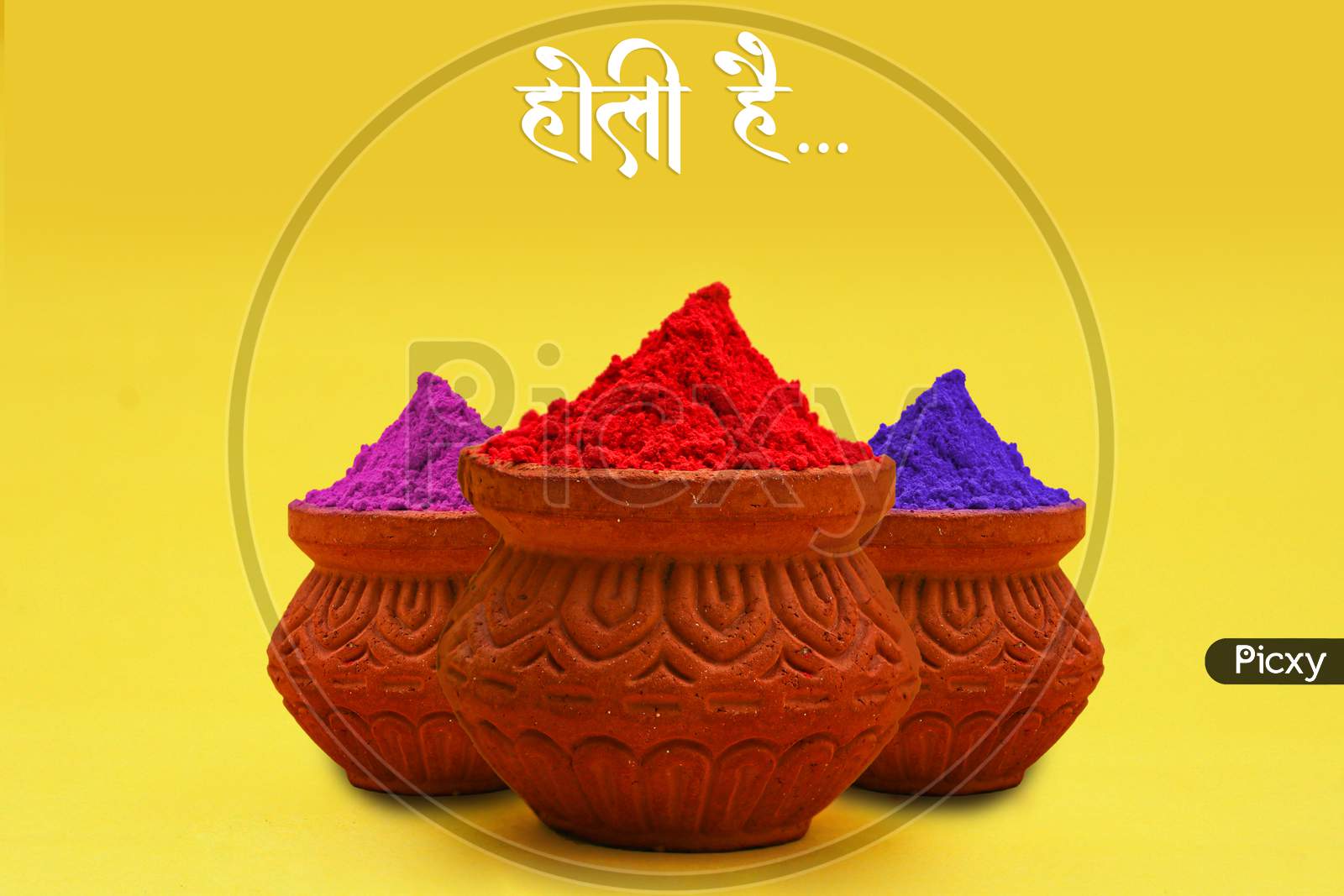 Indian Festival Holi Concept Colour Bowl With Colorful Background And Writing Holi Hai In Marathi Calligraphy.