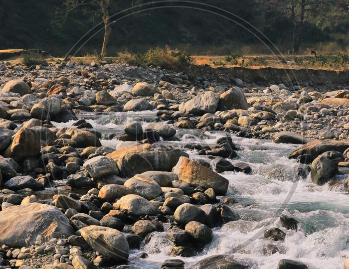 mountain stream (balason river) flowing down to the gangetic plain from himalayan foothills in the terai region of west bengal, india