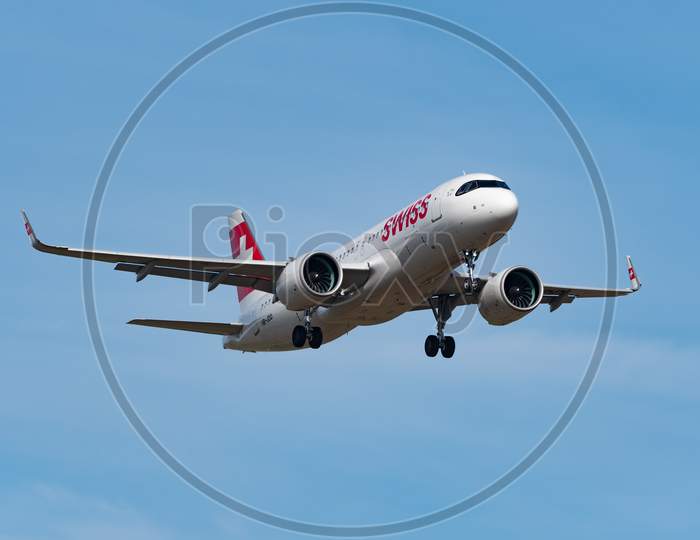 Swiss Airbus A320-271N Jet Landing In Zurich In Switzerland