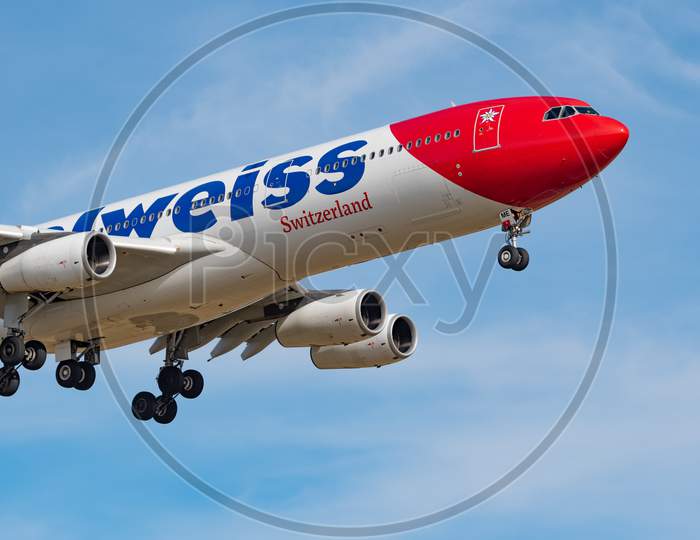 Edelweiss Air Airbus A340-313X Plane Arrival In Zurich In Switzerland
