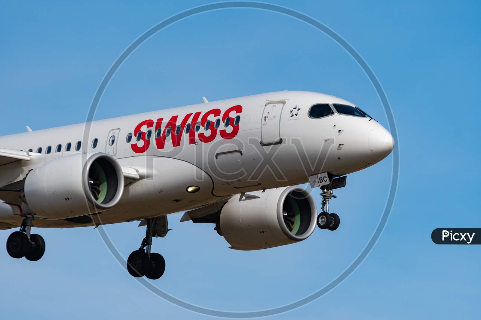 Swiss Bombardier Cs 100 Airplane Arrival In Zurich In Switzerland