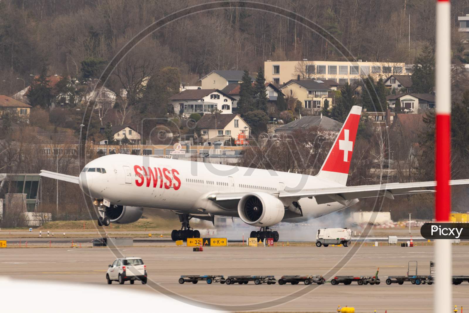 Swiss Boeing 777-300Er Jet Arrival In Zurich In Switzerland