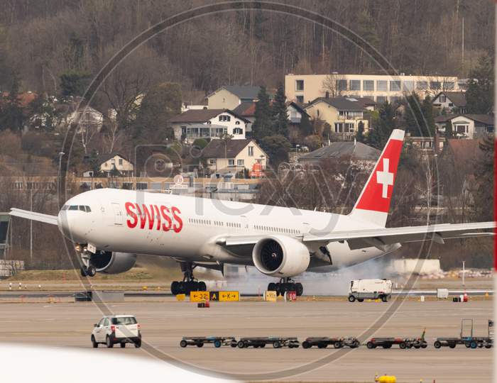 Swiss Boeing 777-300Er Jet Arrival In Zurich In Switzerland
