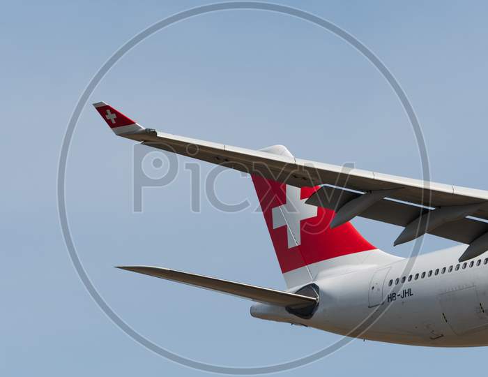 Swiss Airbus A330-343 Jet Wing And Tail In Zurich In Switzerland