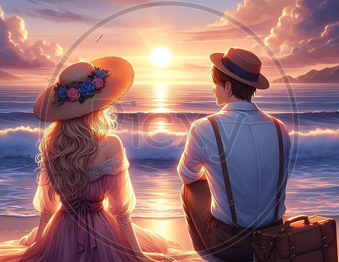 A romantic couple at the beach seeing a beautiful sunset view