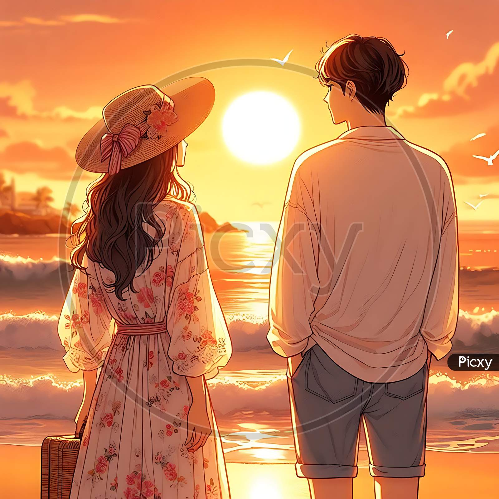 A romantic couple at the beach seeing a beautiful sunset view