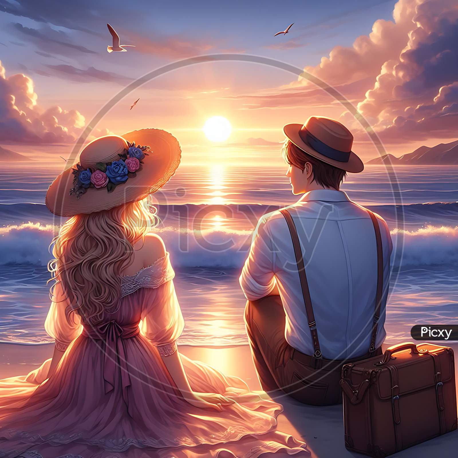 Image of A romantic couple at the beach seeing a beautiful sunset  view-DZ105342-Picxy