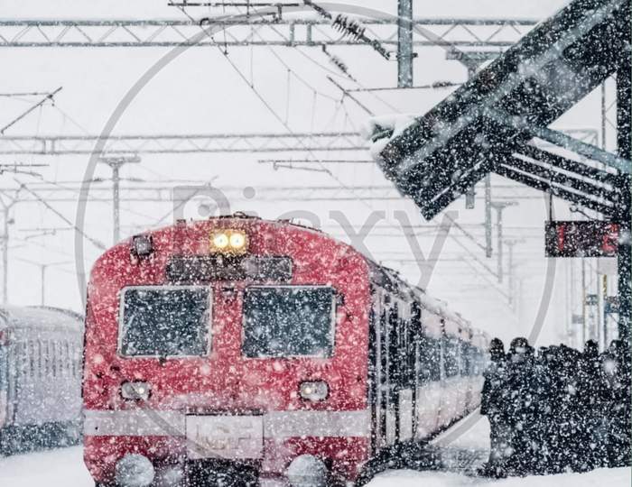 A beautiful picture of Kashmir Train at the time of snowfall in Srinagar Jammu and Kashmir in India