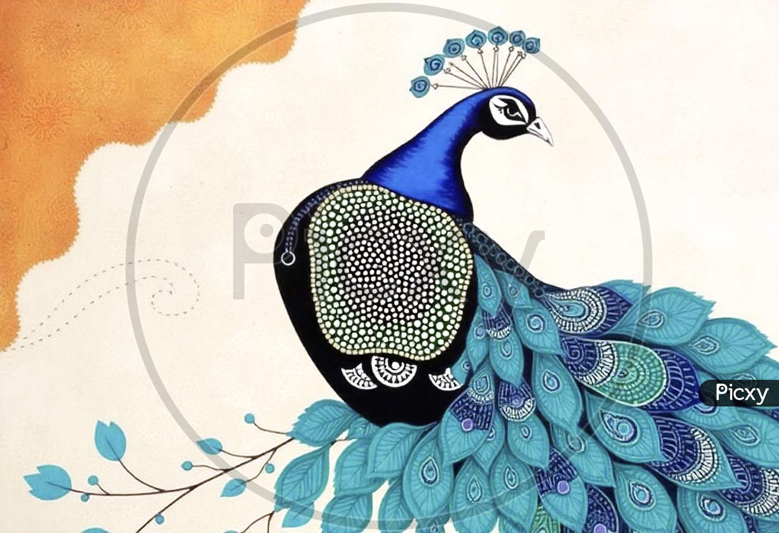 Image of Gond-Inspired Peacock with Cool Hues and Tribal