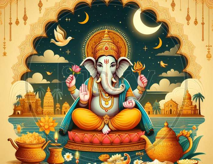 Ganesh in Bloom（ガネーシャ・イン・ブルーム） Image of Vibrant Lord Ganesha Illustration with Flowers and