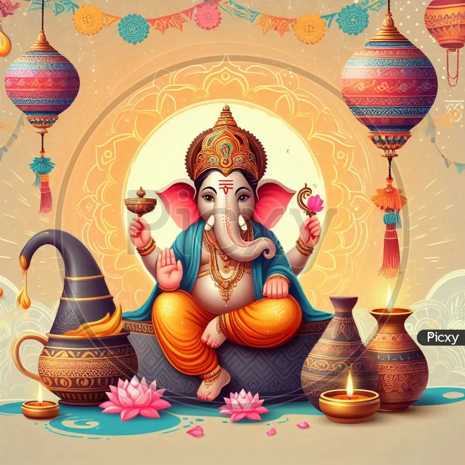 Ganesh in Bloom（ガネーシャ・イン・ブルーム） Image of Vibrant Lord Ganesha Illustration with Flowers and