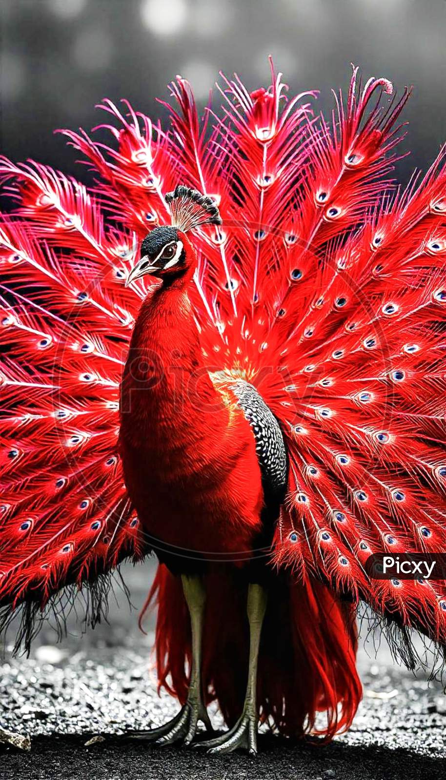 ★QUMAPON ROUGE+QUMAPON PEACOCK Image of Vibrant Red Peacock Displaying its Feathers