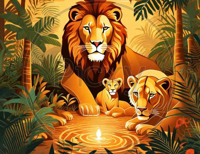 Majestic Reign: The Lion King Digital Painting - Vibrant Wildlife Art