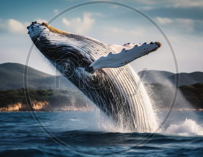 A Big Whale Jumping Half Out Of The Water.